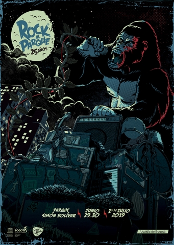 Pieza Gráfica de afiche de Rock al Parque 2019 - Ilustración de una especie de King Kong con micrófono